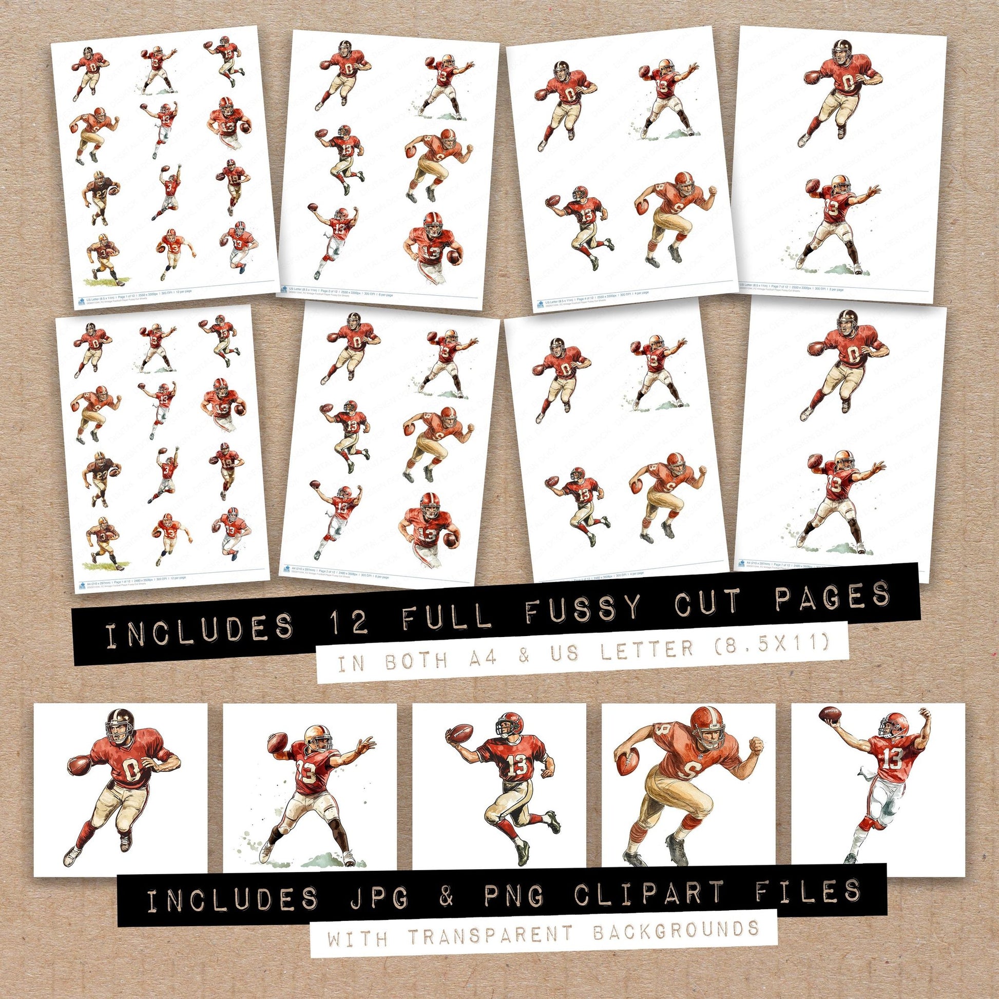 Full collection view of Vintage Football Player fussy cut sheets with bonus clipart JPG and PNG files