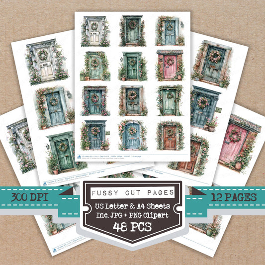Vintage Front Door with Floral Wreath fussy cut printable sheets for junk journaling, scrapbooking, and paper craft projects