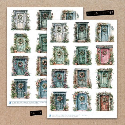 A4 and US Letter format comparison showing Vintage Front Door with Floral Wreath fussy cut pages for print and cut crafting