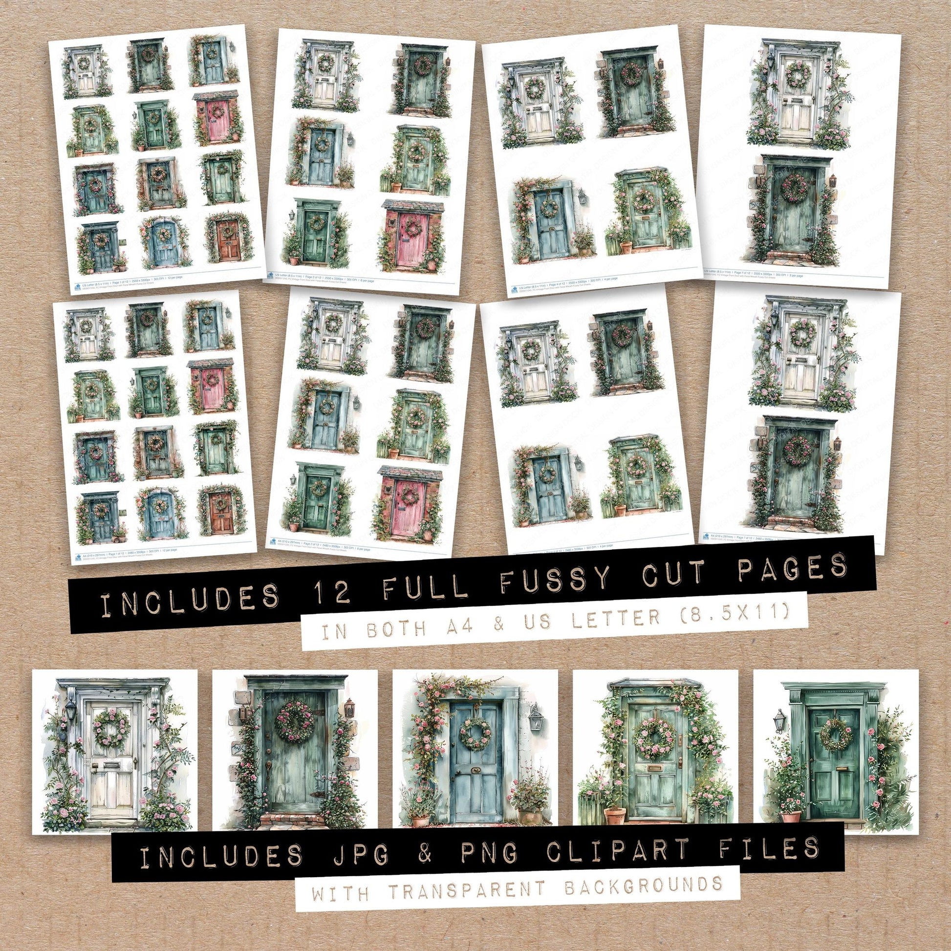 Full collection view of Vintage Front Door with Floral Wreath fussy cut sheets with bonus clipart JPG and PNG files