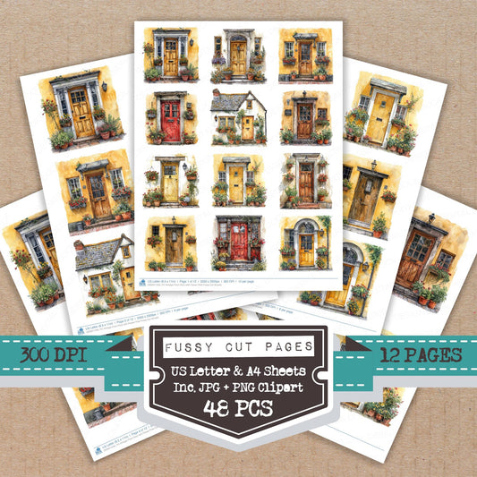 Vintage Front Door with Flower Pots fussy cut printable sheets for junk journaling, scrapbooking, and paper craft projects