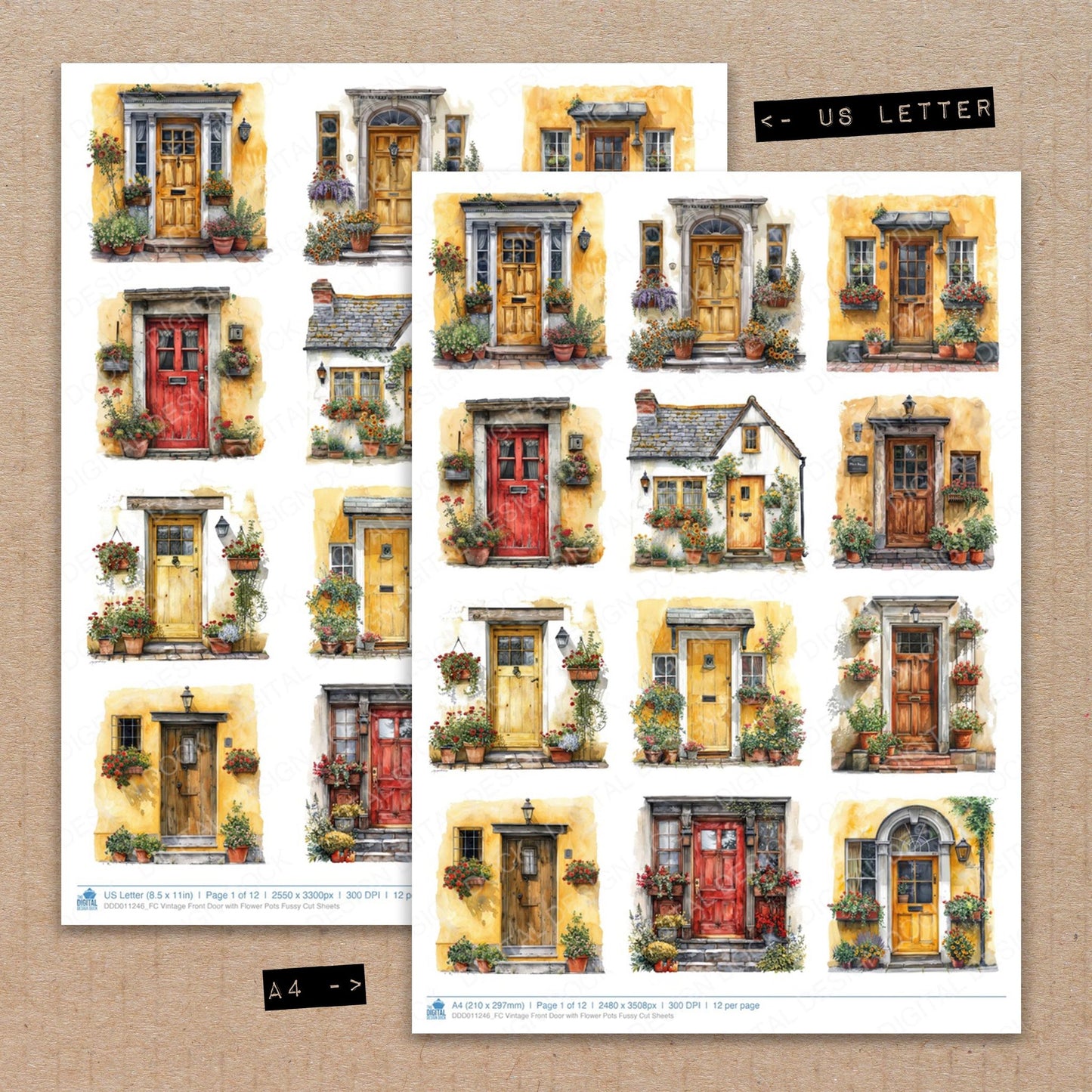 A4 and US Letter format comparison showing Vintage Front Door with Flower Pots fussy cut pages for print and cut crafting