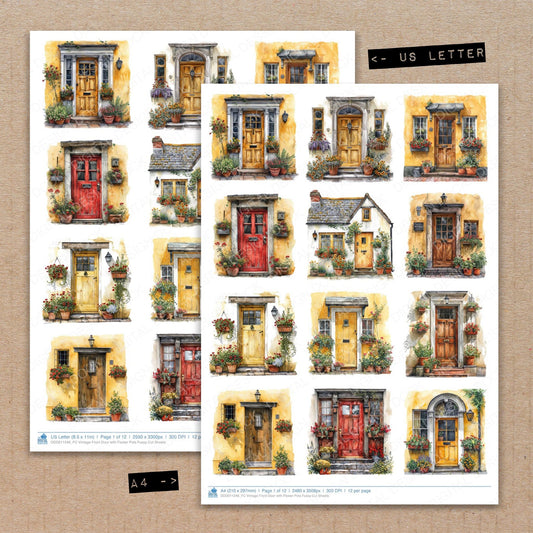 A4 and US Letter format comparison showing Vintage Front Door with Flower Pots fussy cut pages for print and cut crafting