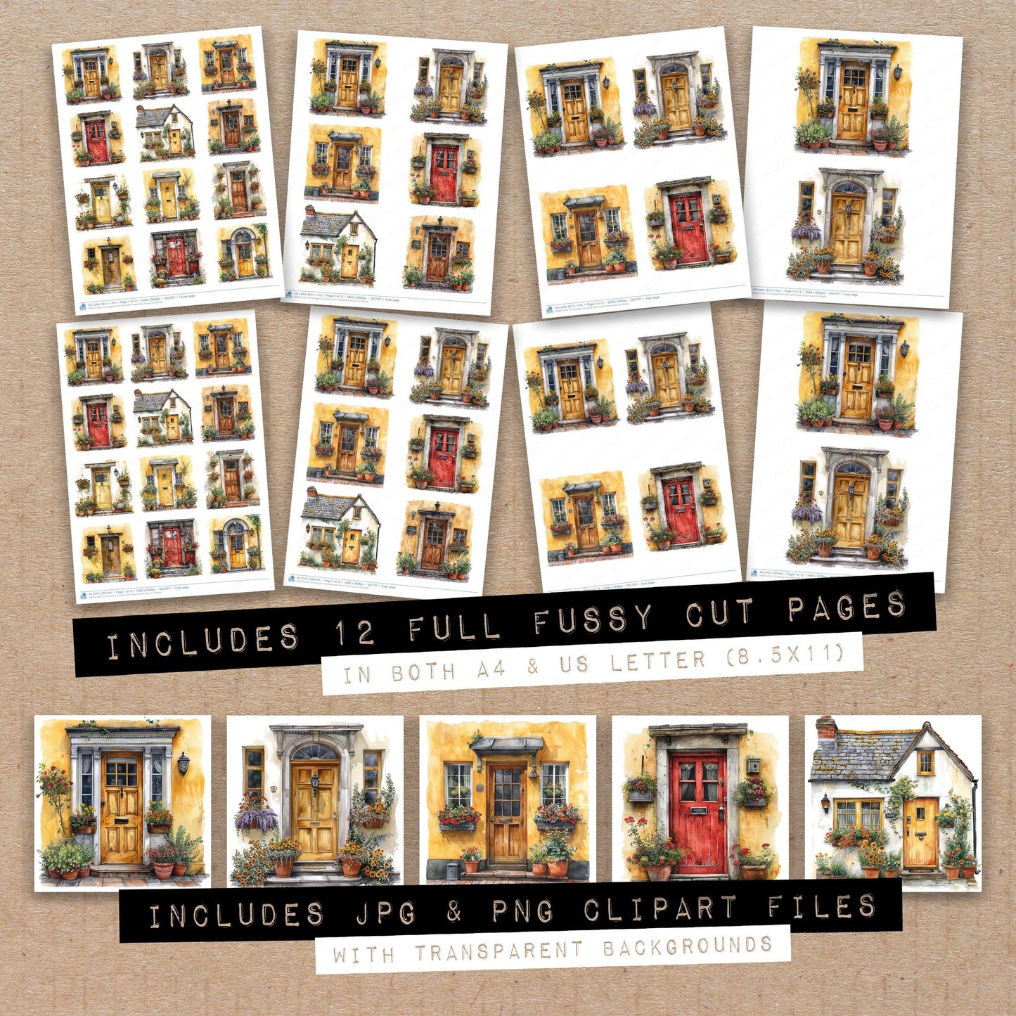 Full collection view of Vintage Front Door with Flower Pots fussy cut sheets with bonus clipart JPG and PNG files