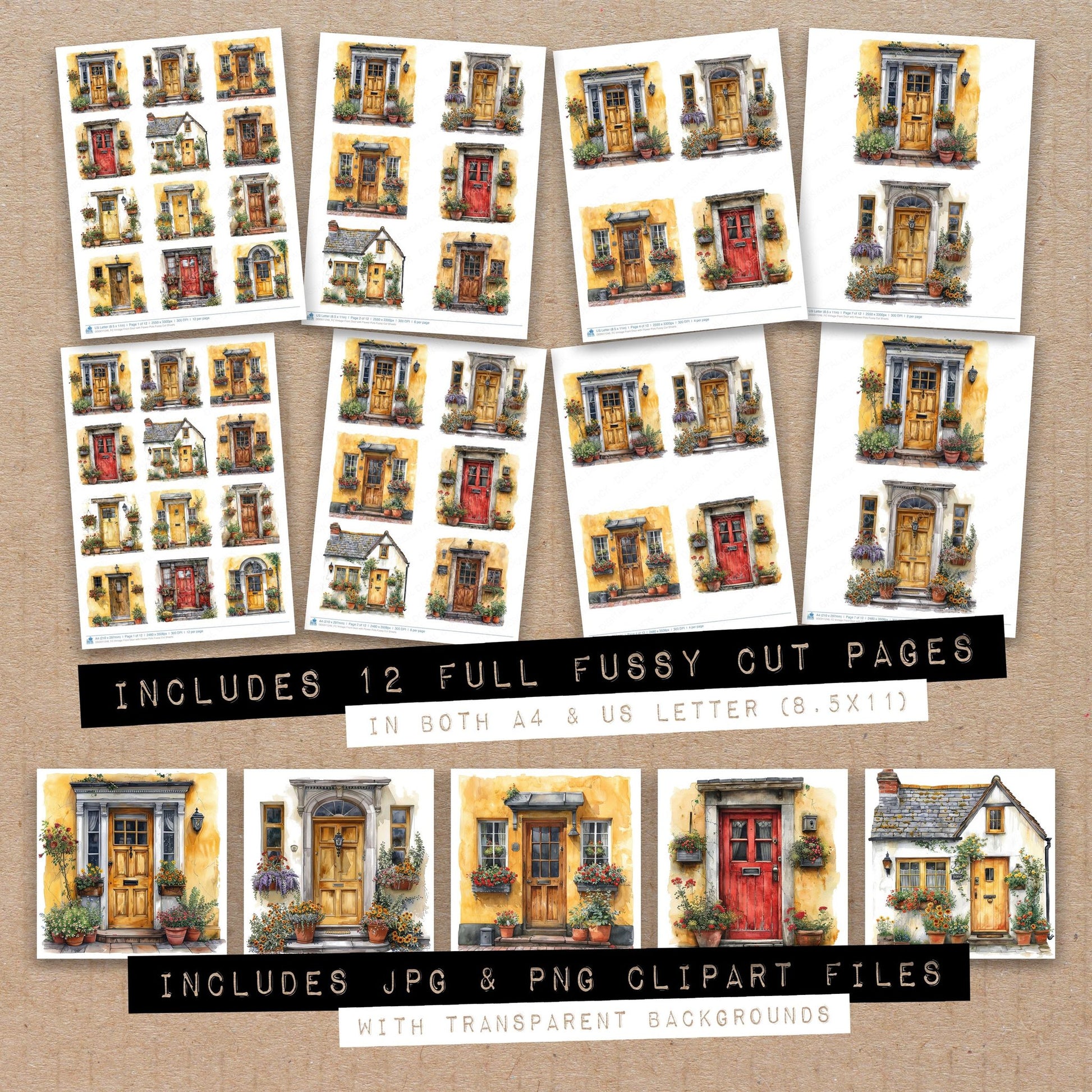 Full collection view of Vintage Front Door with Flower Pots fussy cut sheets with bonus clipart JPG and PNG files