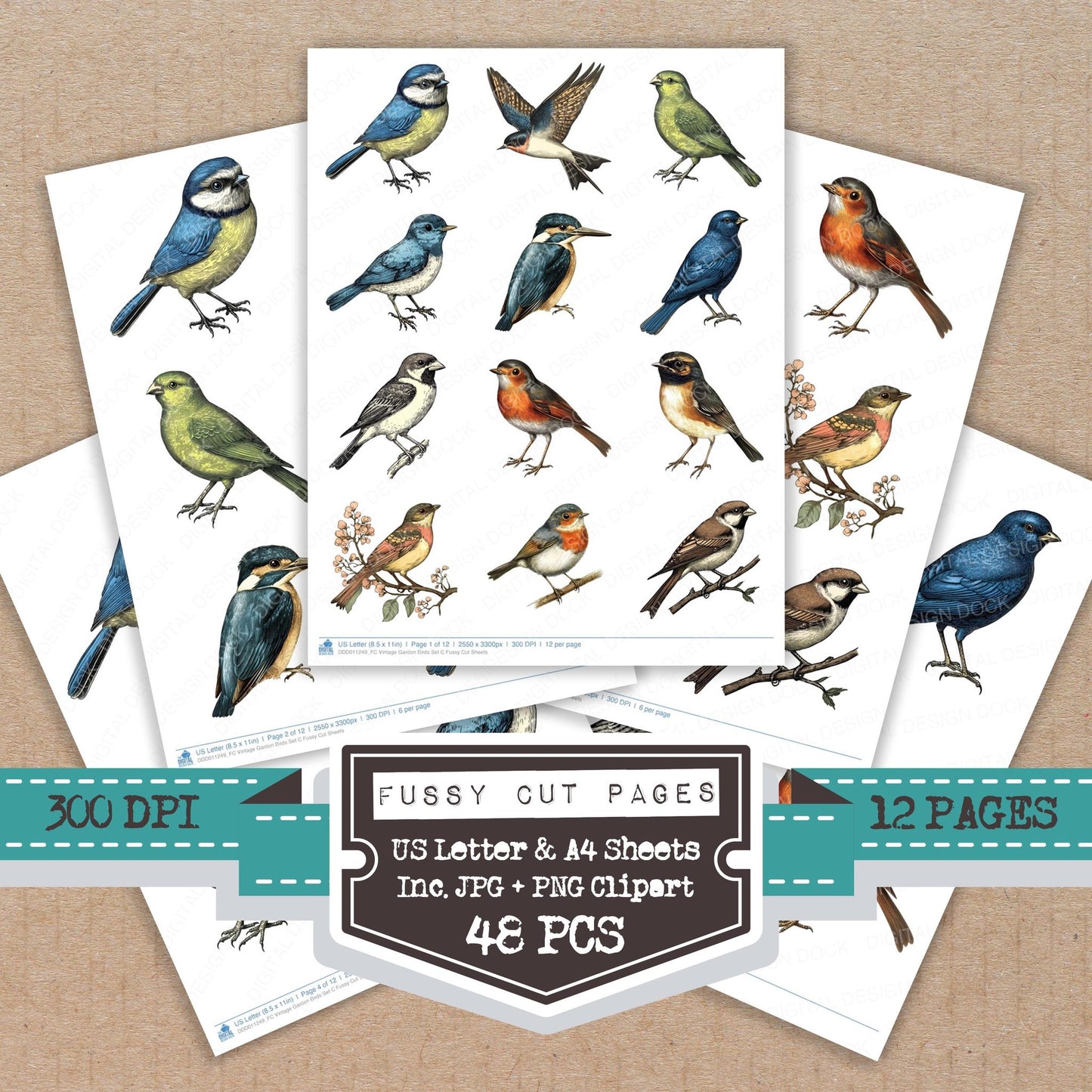 Vintage Garden Birds C fussy cut printable sheets for junk journaling, scrapbooking, and paper craft projects