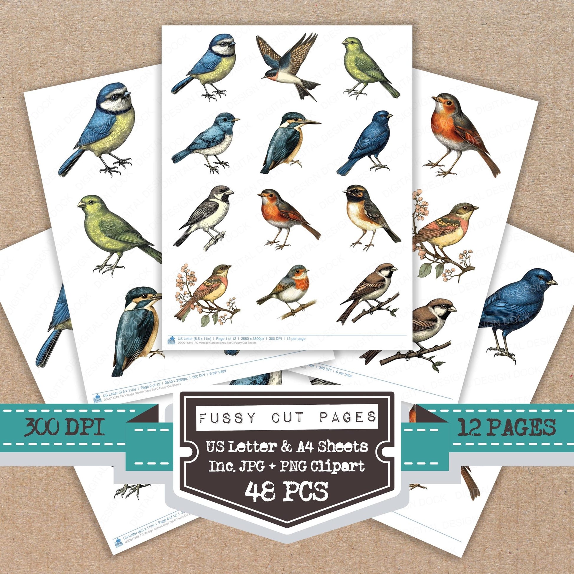 Vintage Garden Birds C fussy cut printable sheets for junk journaling, scrapbooking, and paper craft projects