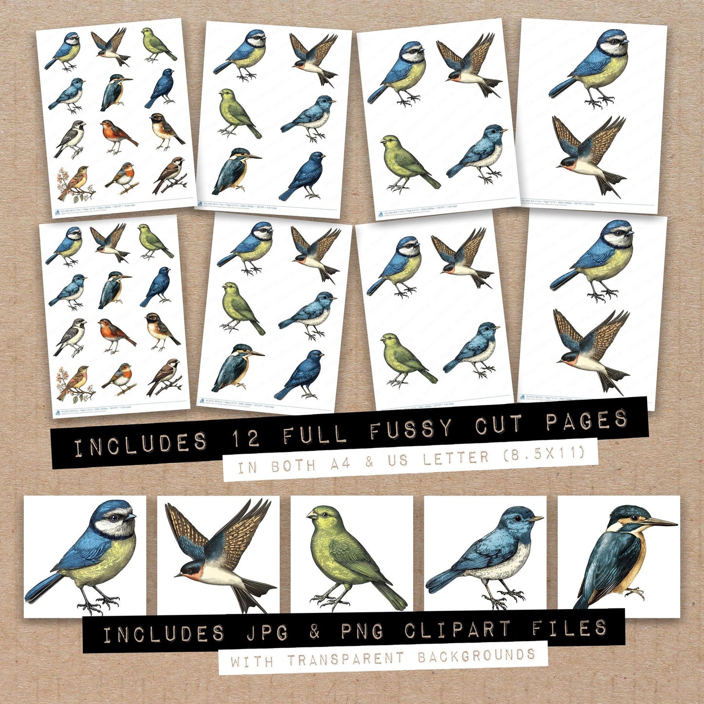 Full collection view of Vintage Garden Birds C fussy cut sheets with bonus clipart JPG and PNG files