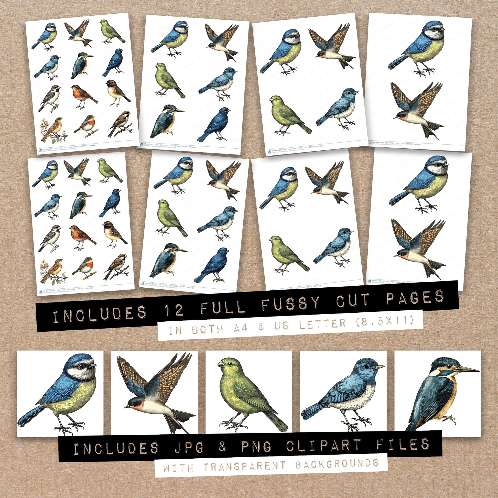 Full collection view of Vintage Garden Birds C fussy cut sheets with bonus clipart JPG and PNG files