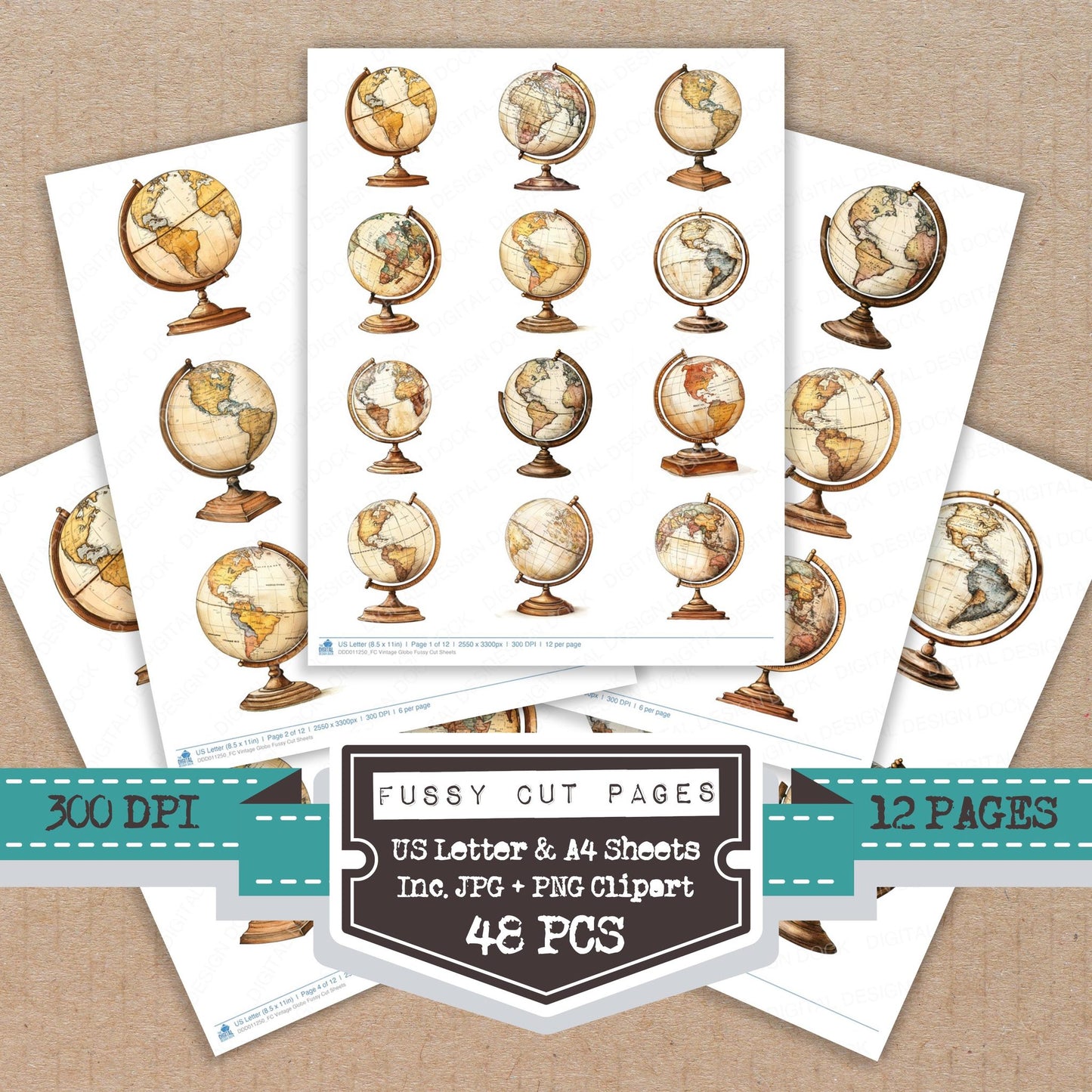 Vintage Globe fussy cut printable sheets for junk journaling, scrapbooking, and paper craft projects