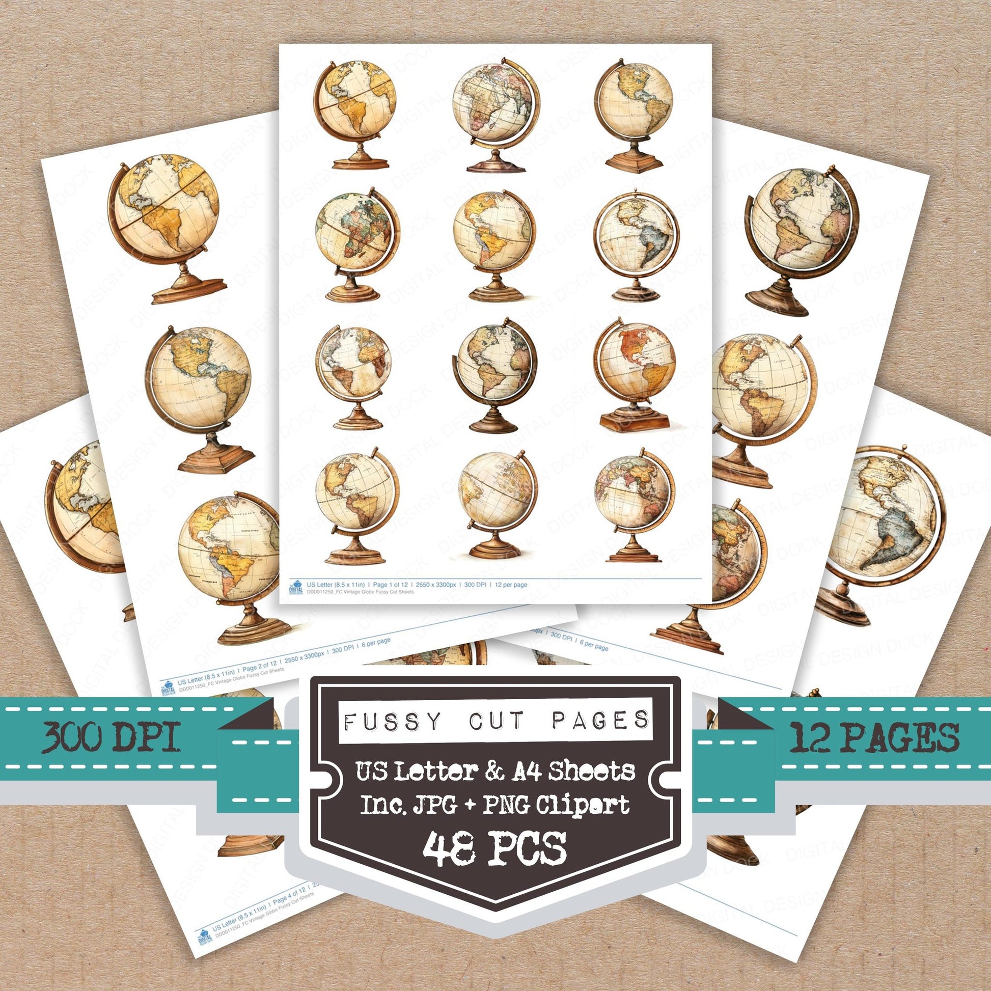 Vintage Globe fussy cut printable sheets for junk journaling, scrapbooking, and paper craft projects