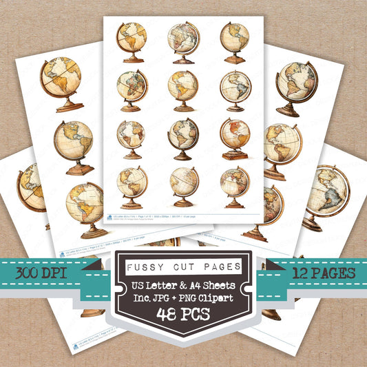 Vintage Globe fussy cut printable sheets for junk journaling, scrapbooking, and paper craft projects