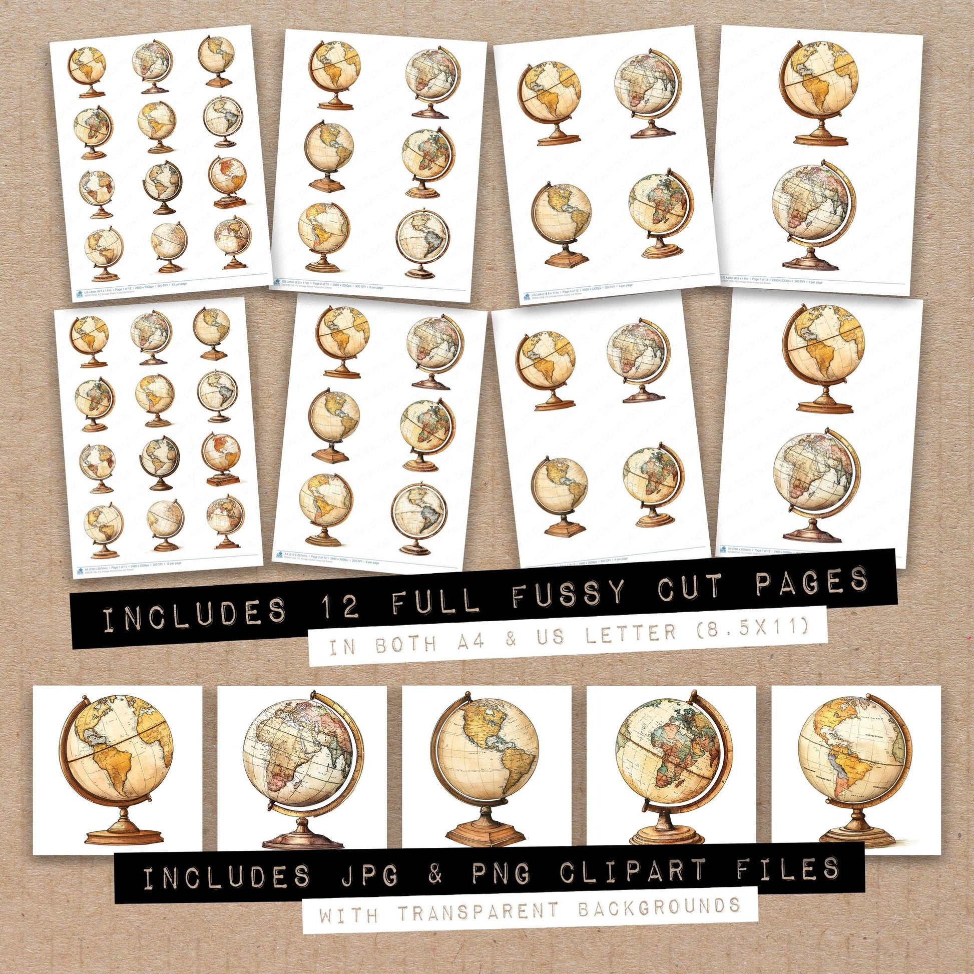 Full collection view of Vintage Globe fussy cut sheets with bonus clipart JPG and PNG files