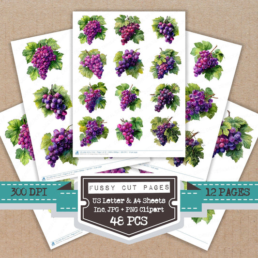 Vintage Grapes fussy cut printable sheets for junk journaling, scrapbooking, and paper craft projects