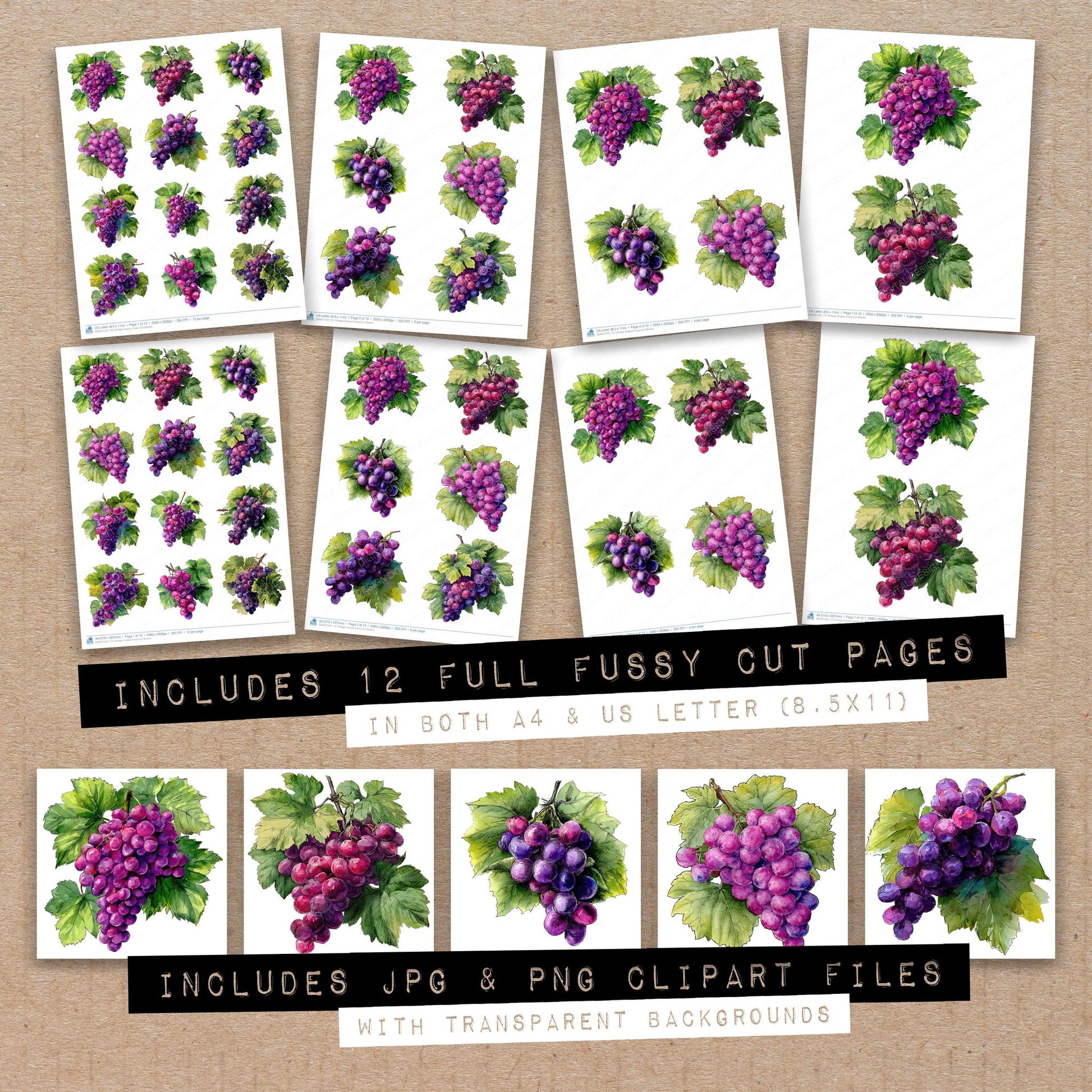 Full collection view of Vintage Grapes fussy cut sheets with bonus clipart JPG and PNG files