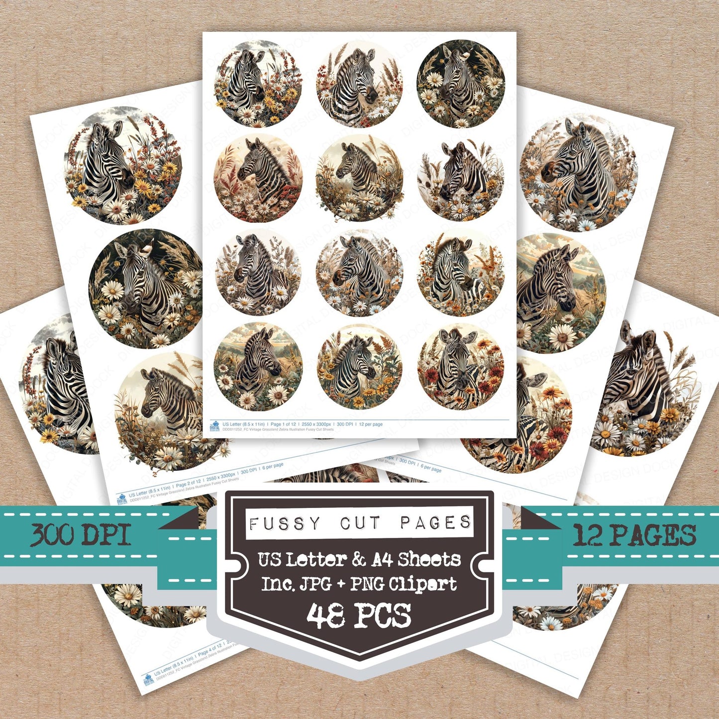 Vintage Grassland Zebra Illustration fussy cut printable sheets for junk journaling, scrapbooking, and paper craft projects