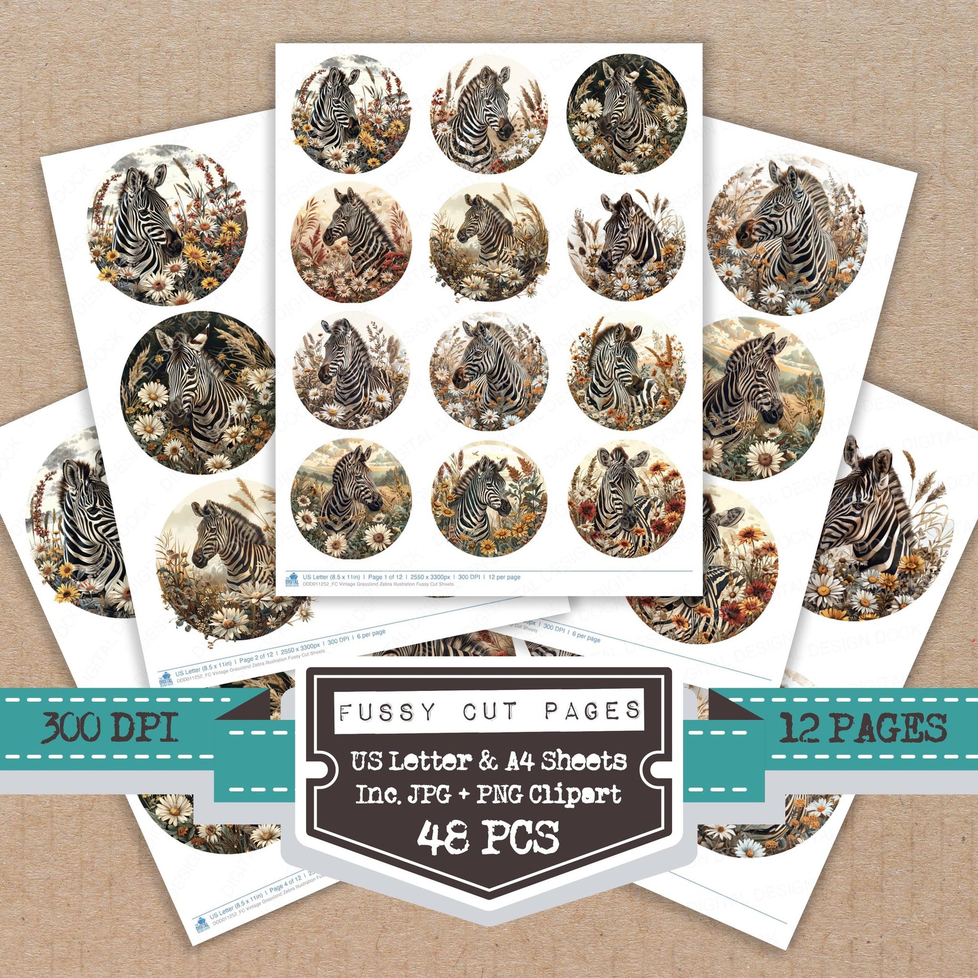 Vintage Grassland Zebra Illustration fussy cut printable sheets for junk journaling, scrapbooking, and paper craft projects
