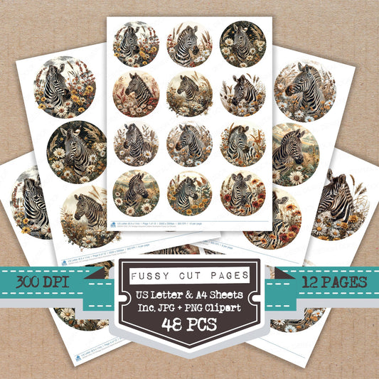 Vintage Grassland Zebra Illustration fussy cut printable sheets for junk journaling, scrapbooking, and paper craft projects