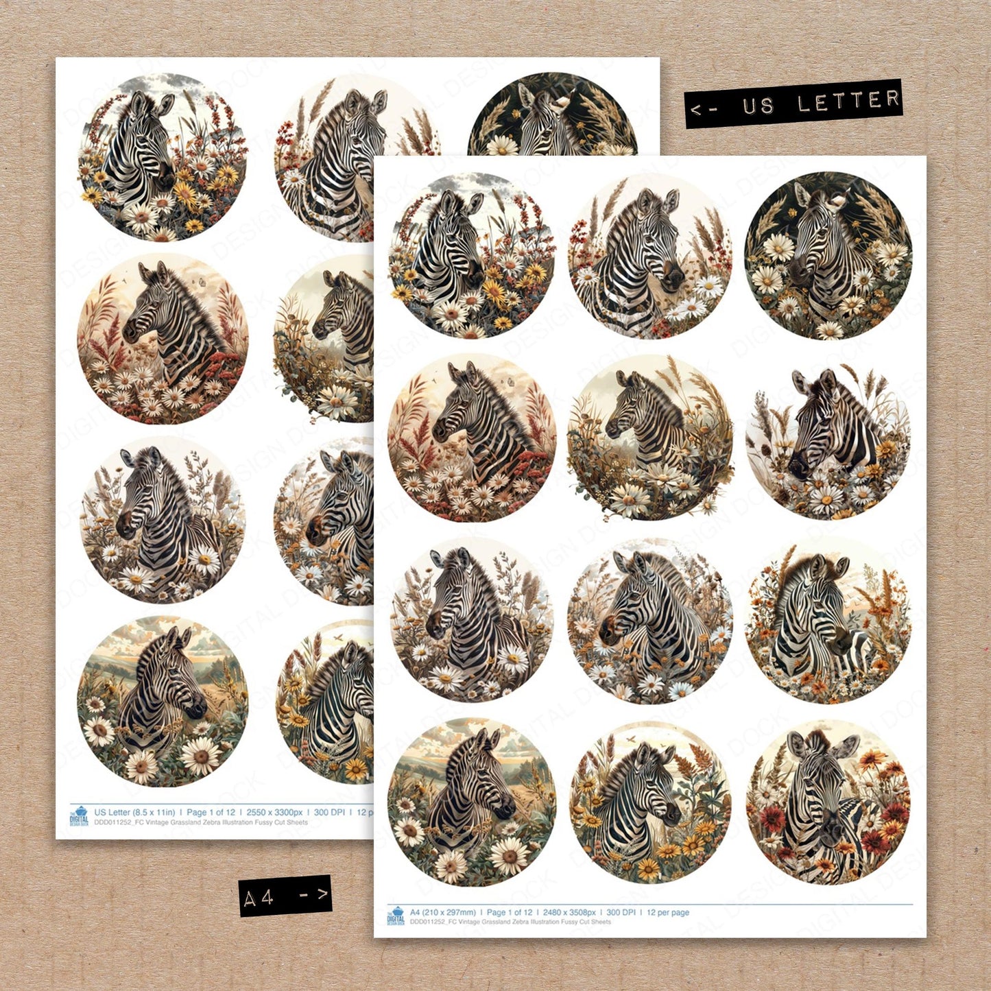 A4 and US Letter format comparison showing Vintage Grassland Zebra Illustration fussy cut pages for print and cut crafting