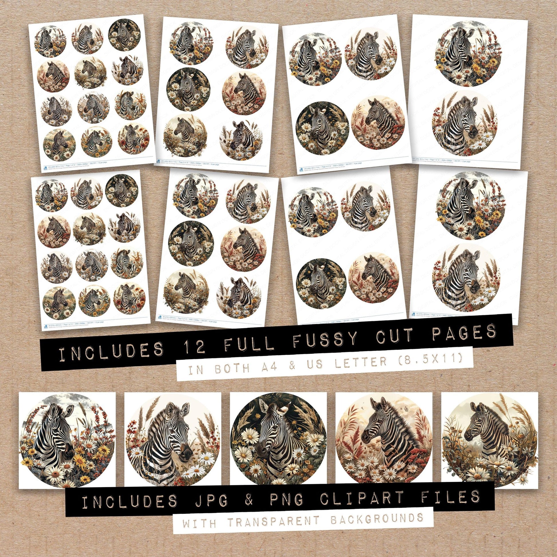 Full collection view of Vintage Grassland Zebra Illustration fussy cut sheets with bonus clipart JPG and PNG files