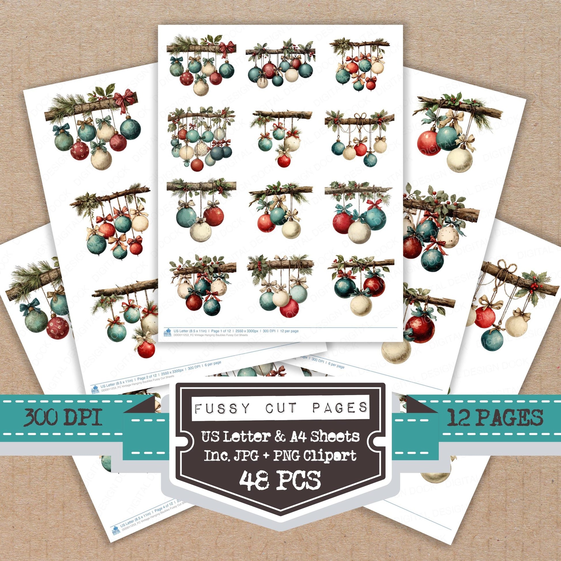 Vintage Hanging Baubles fussy cut printable sheets for junk journaling, scrapbooking, and paper craft projects