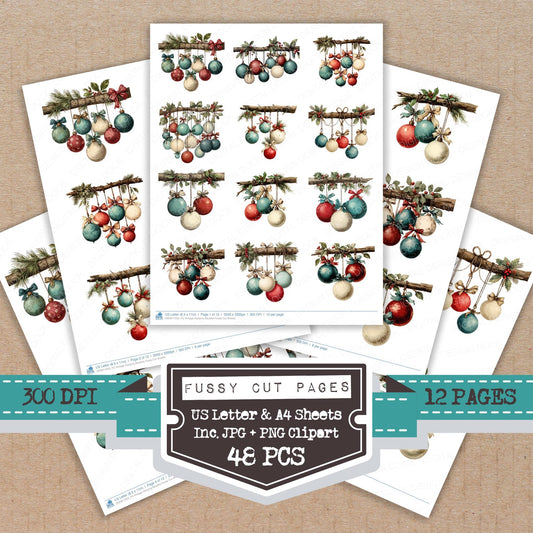 Vintage Hanging Baubles fussy cut printable sheets for junk journaling, scrapbooking, and paper craft projects
