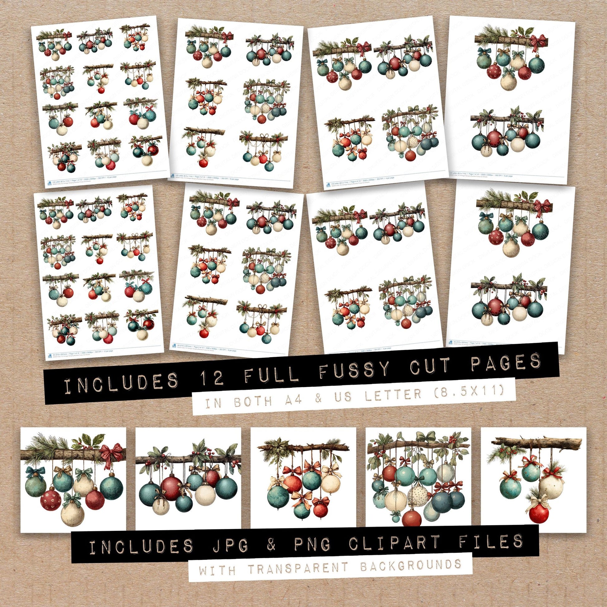 Full collection view of Vintage Hanging Baubles fussy cut sheets with bonus clipart JPG and PNG files