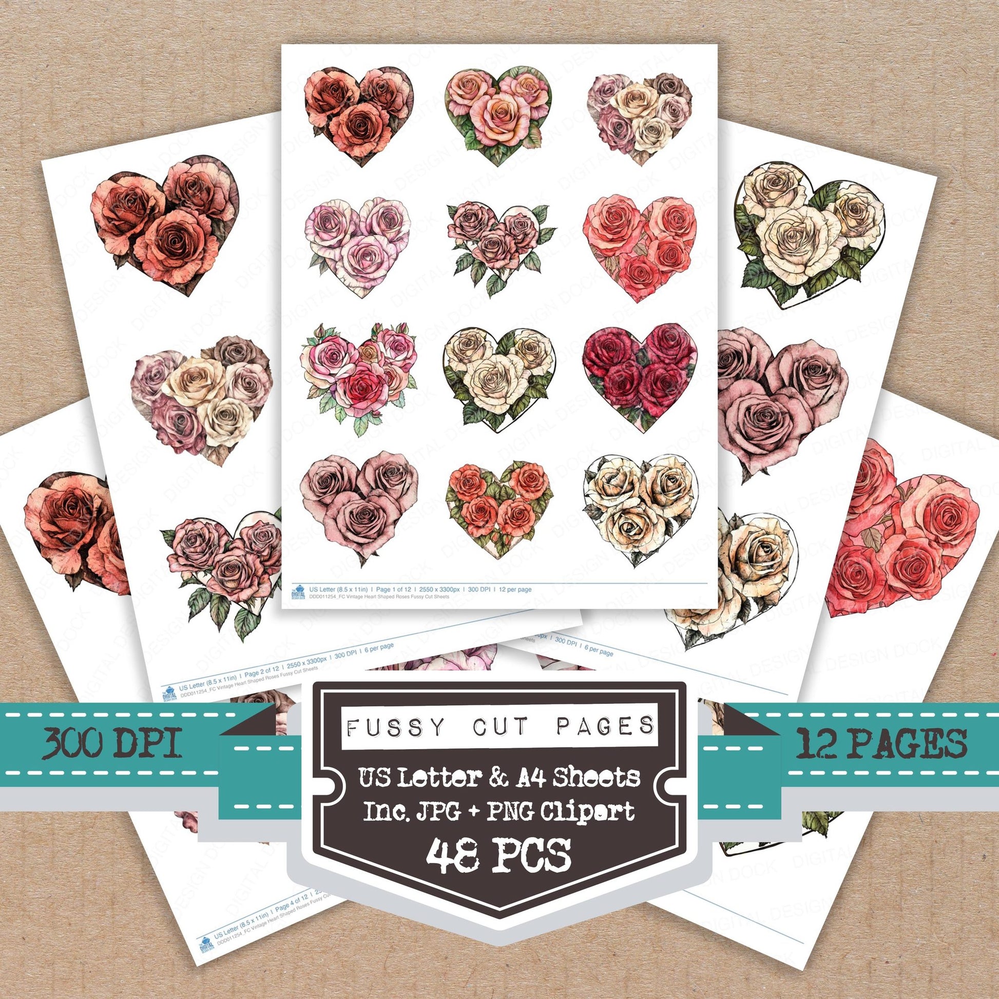 Vintage Heart Shaped Roses fussy cut printable sheets for junk journaling, scrapbooking, and paper craft projects