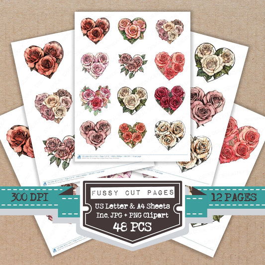 Vintage Heart Shaped Roses fussy cut printable sheets for junk journaling, scrapbooking, and paper craft projects