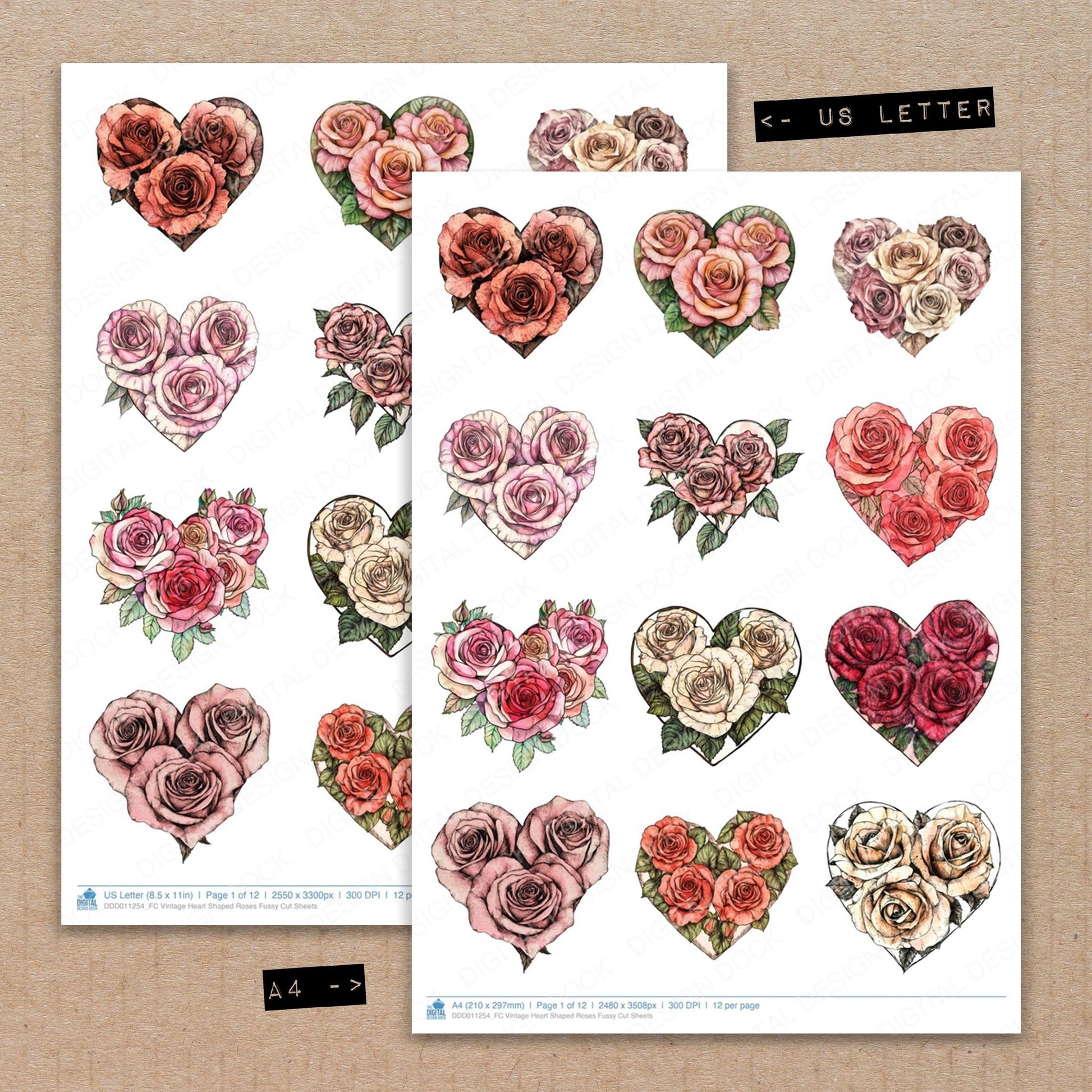 A4 and US Letter format comparison showing Vintage Heart Shaped Roses fussy cut pages for print and cut crafting