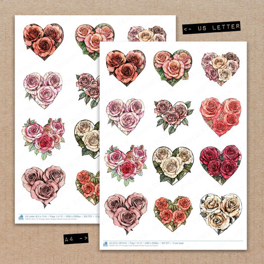 A4 and US Letter format comparison showing Vintage Heart Shaped Roses fussy cut pages for print and cut crafting