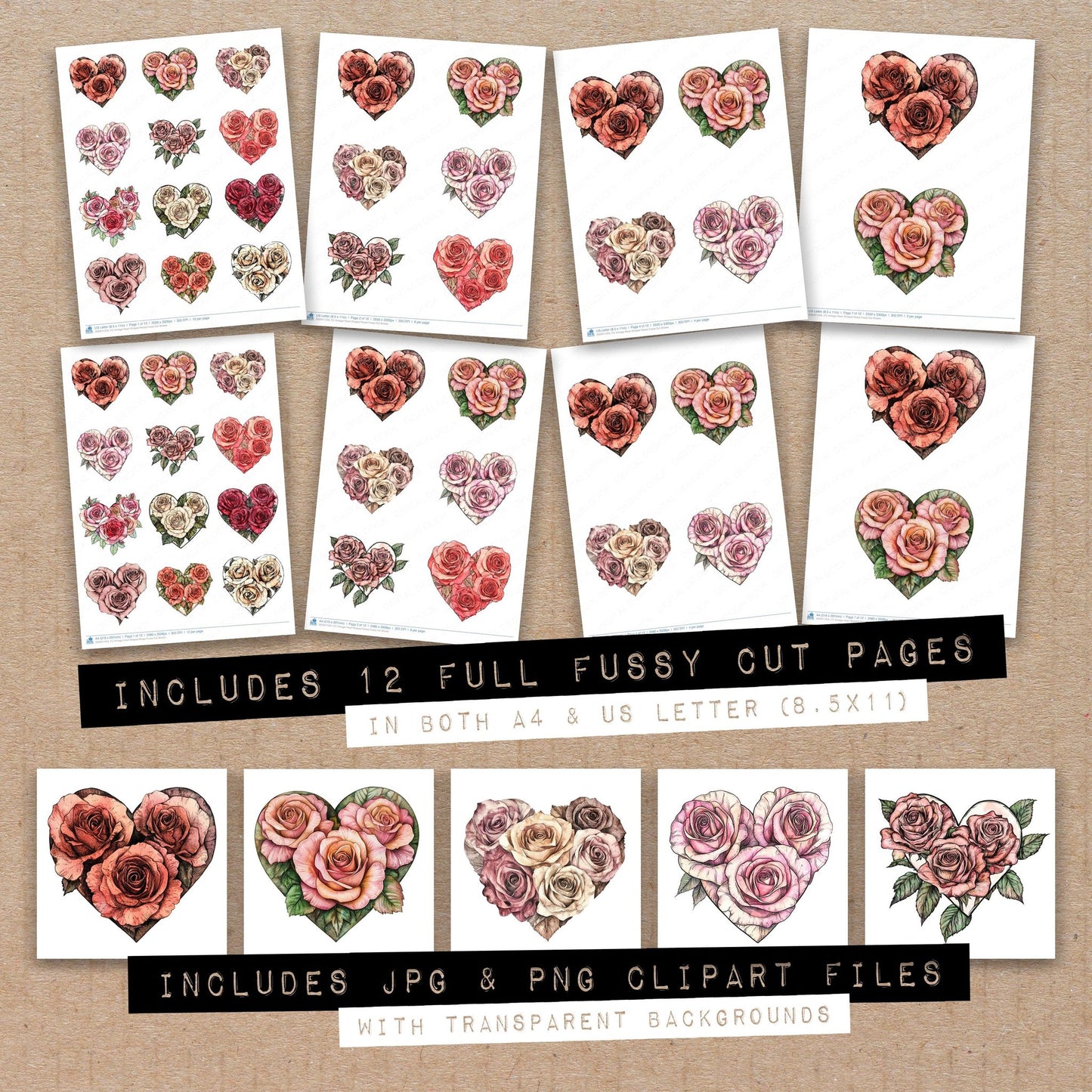 Full collection view of Vintage Heart Shaped Roses fussy cut sheets with bonus clipart JPG and PNG files