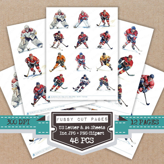 Vintage Ice Hockey Player fussy cut printable sheets for junk journaling, scrapbooking, and paper craft projects