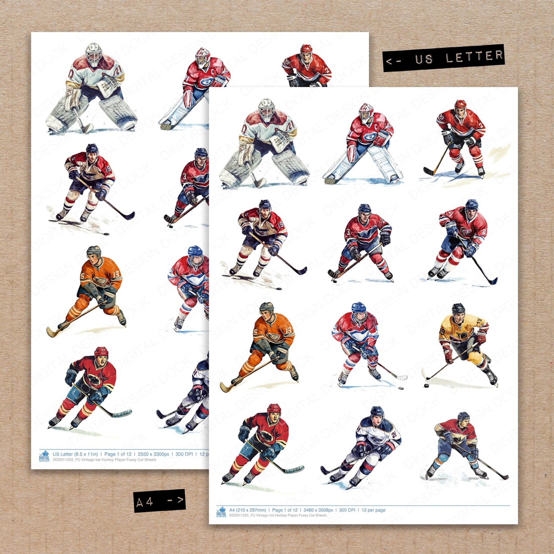 A4 and US Letter format comparison showing Vintage Ice Hockey Player fussy cut pages for print and cut crafting