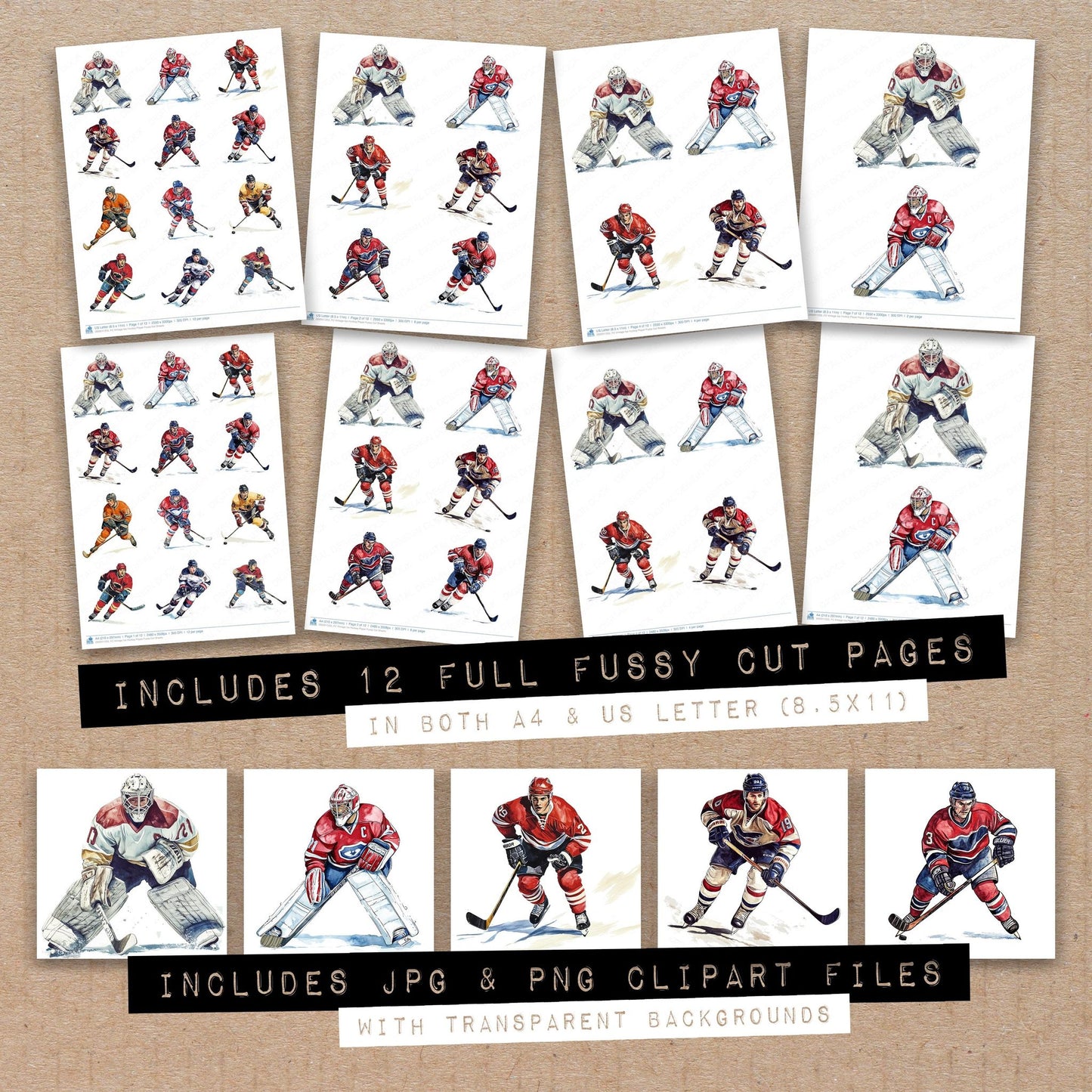 Full collection view of Vintage Ice Hockey Player fussy cut sheets with bonus clipart JPG and PNG files