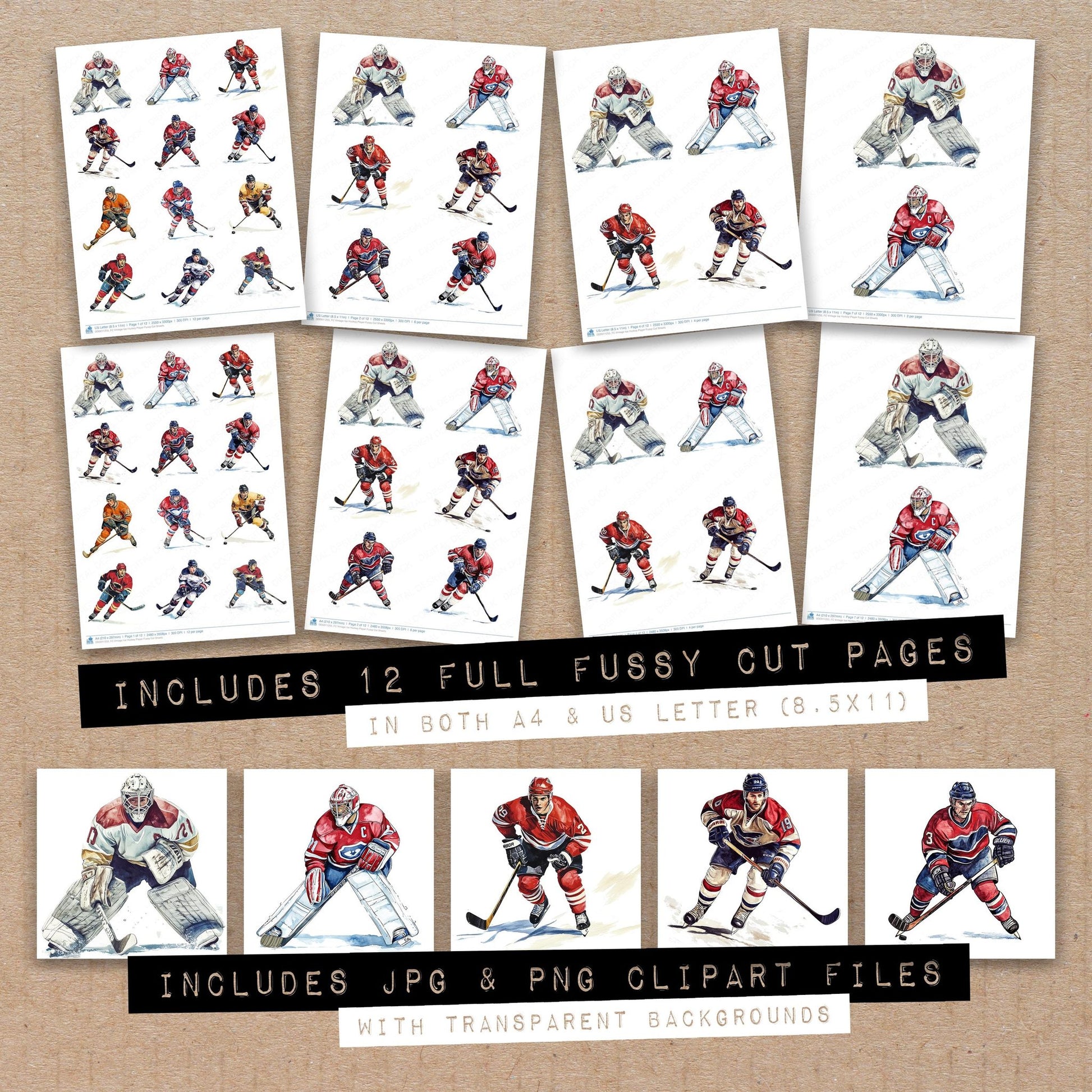 Full collection view of Vintage Ice Hockey Player fussy cut sheets with bonus clipart JPG and PNG files