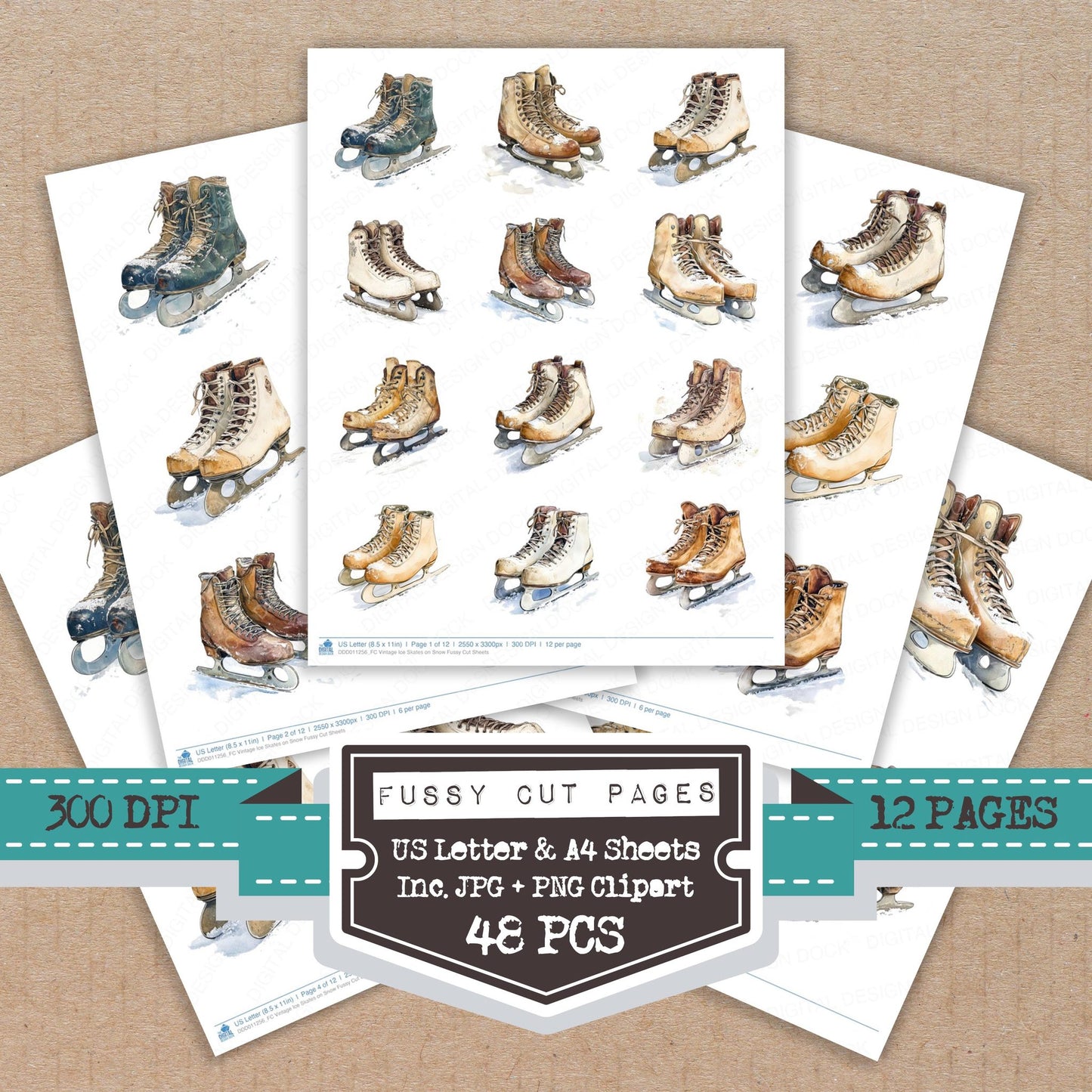 Vintage Ice Skates on Snow fussy cut printable sheets for junk journaling, scrapbooking, and paper craft projects
