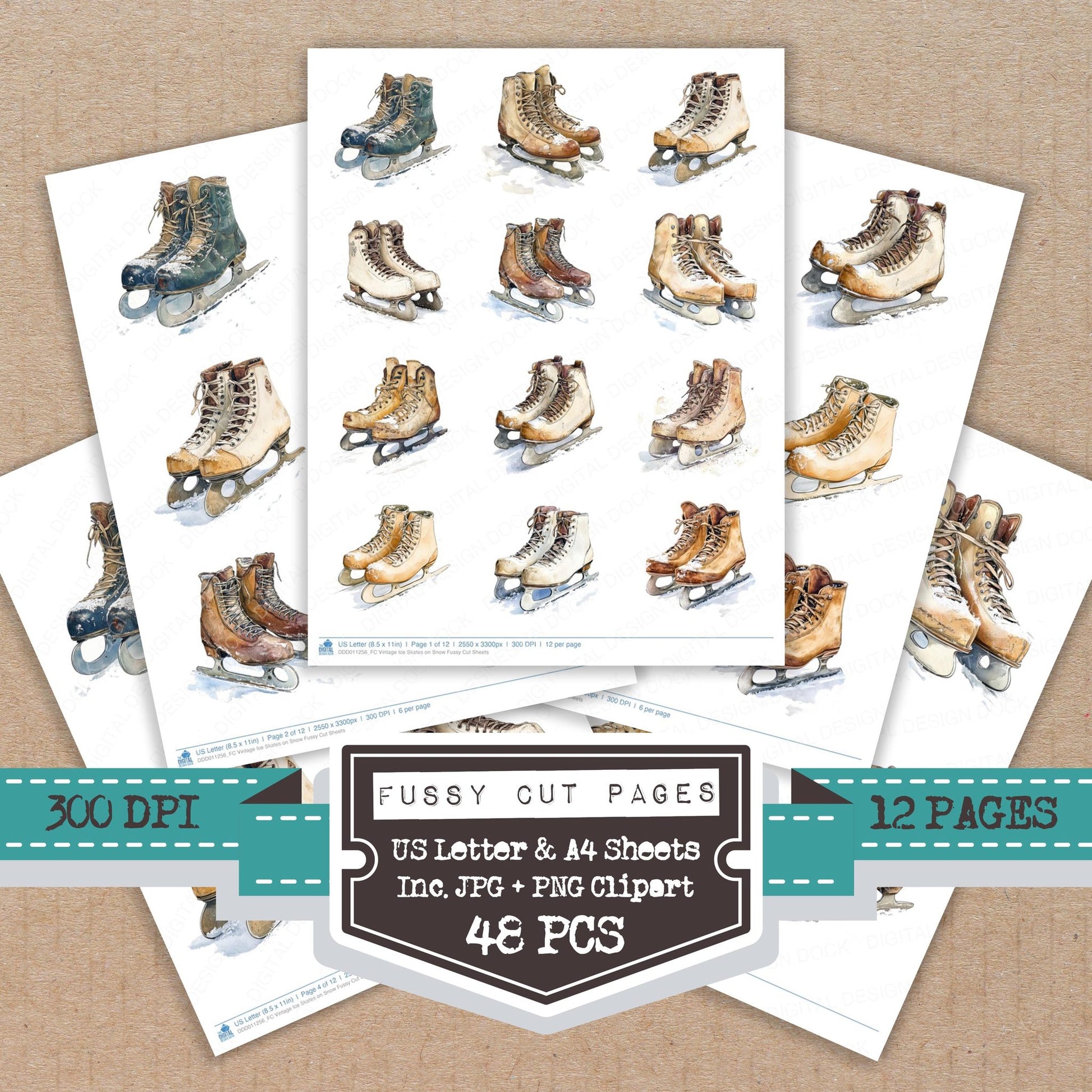 Vintage Ice Skates on Snow fussy cut printable sheets for junk journaling, scrapbooking, and paper craft projects