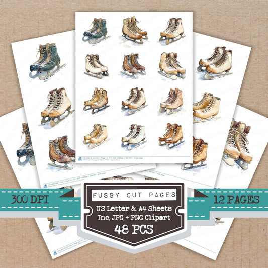 Vintage Ice Skates on Snow fussy cut printable sheets for junk journaling, scrapbooking, and paper craft projects