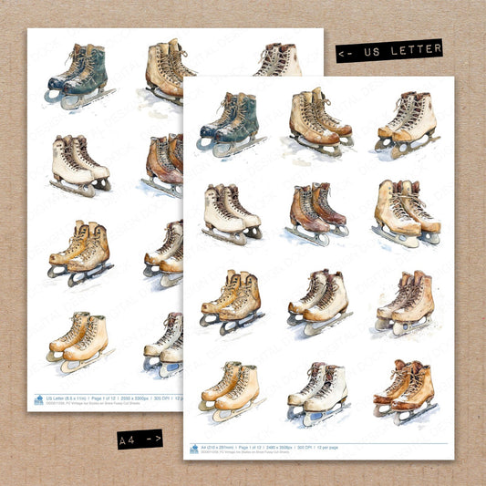 A4 and US Letter format comparison showing Vintage Ice Skates on Snow fussy cut pages for print and cut crafting