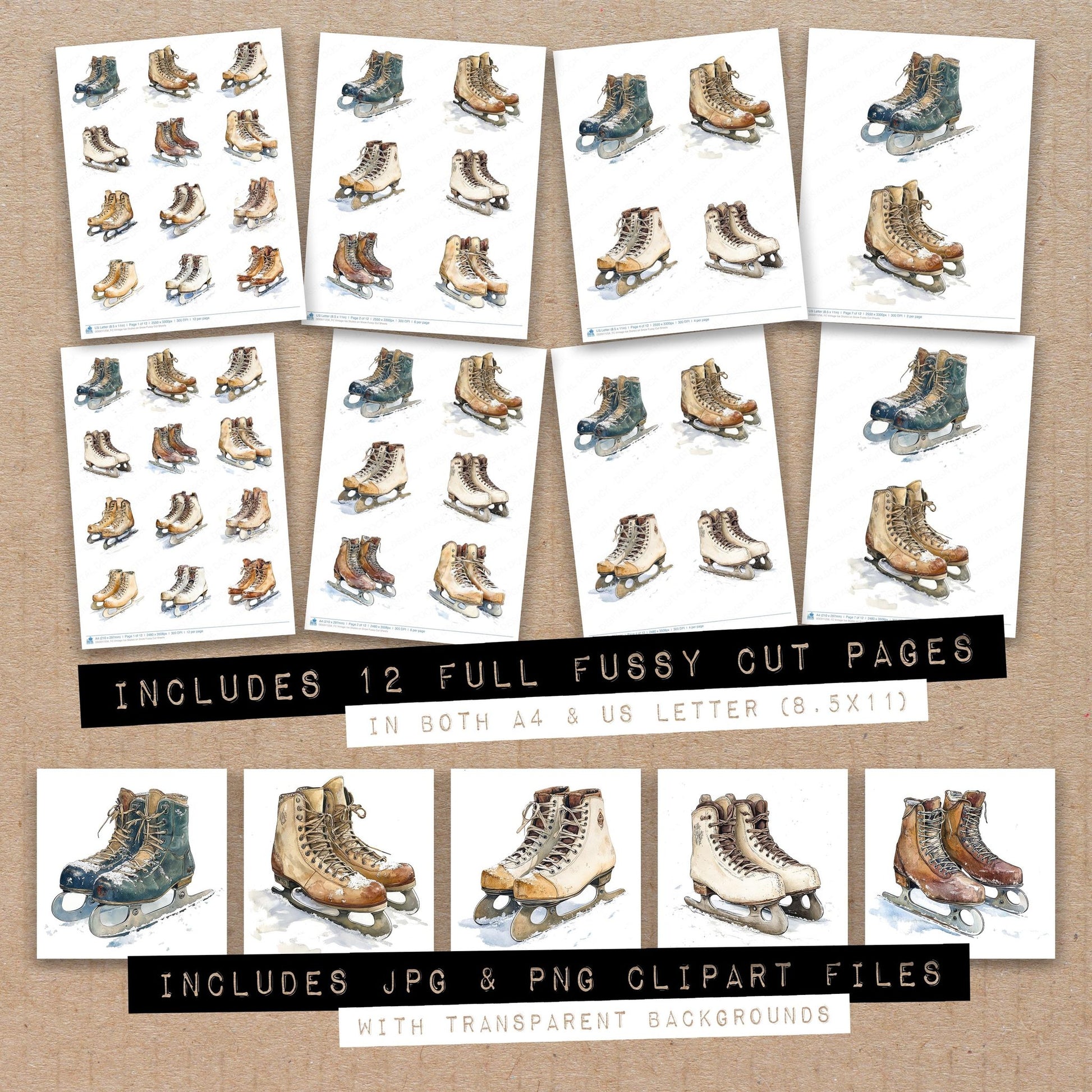 Full collection view of Vintage Ice Skates on Snow fussy cut sheets with bonus clipart JPG and PNG files
