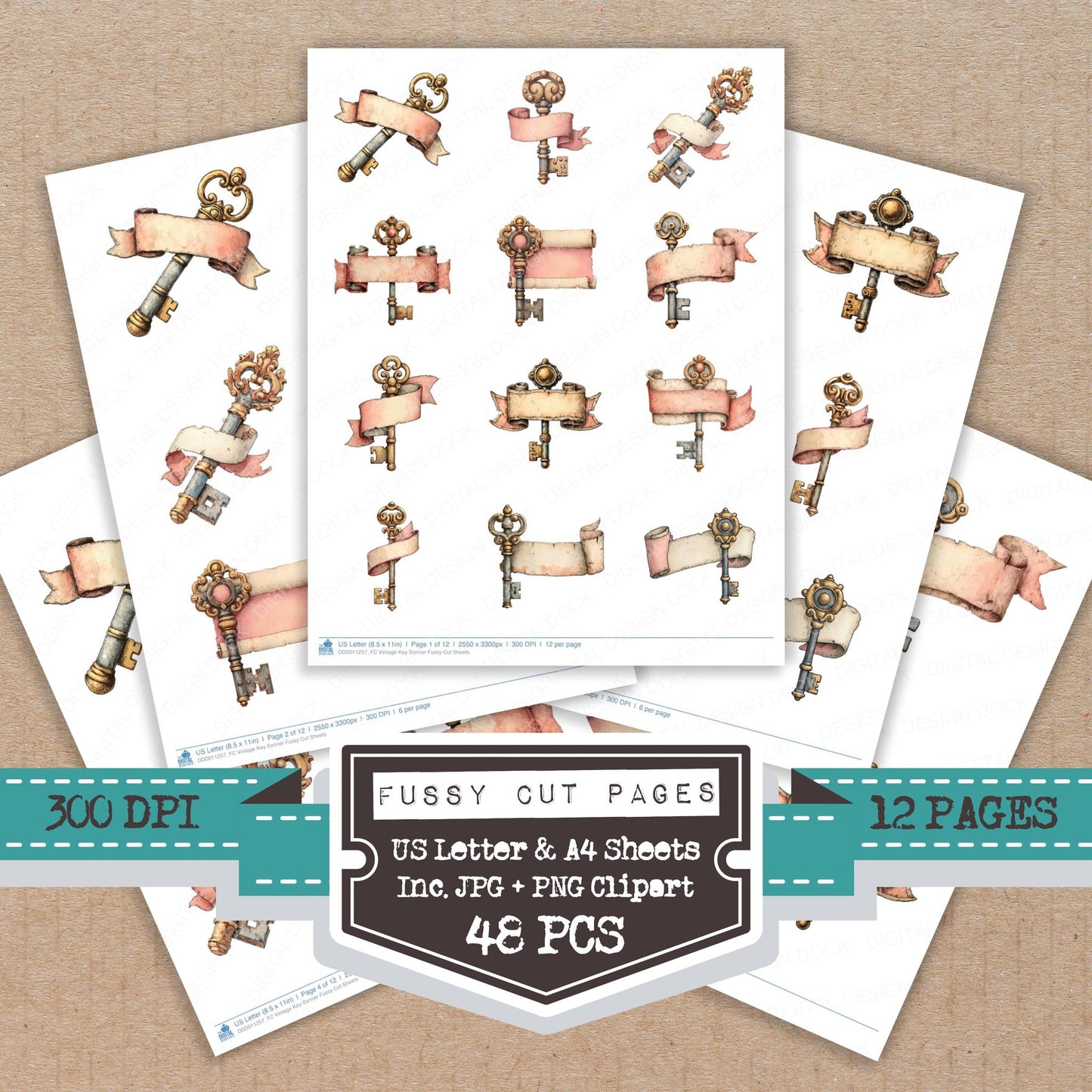 Vintage Key Banner fussy cut printable sheets for junk journaling, scrapbooking, and paper craft projects