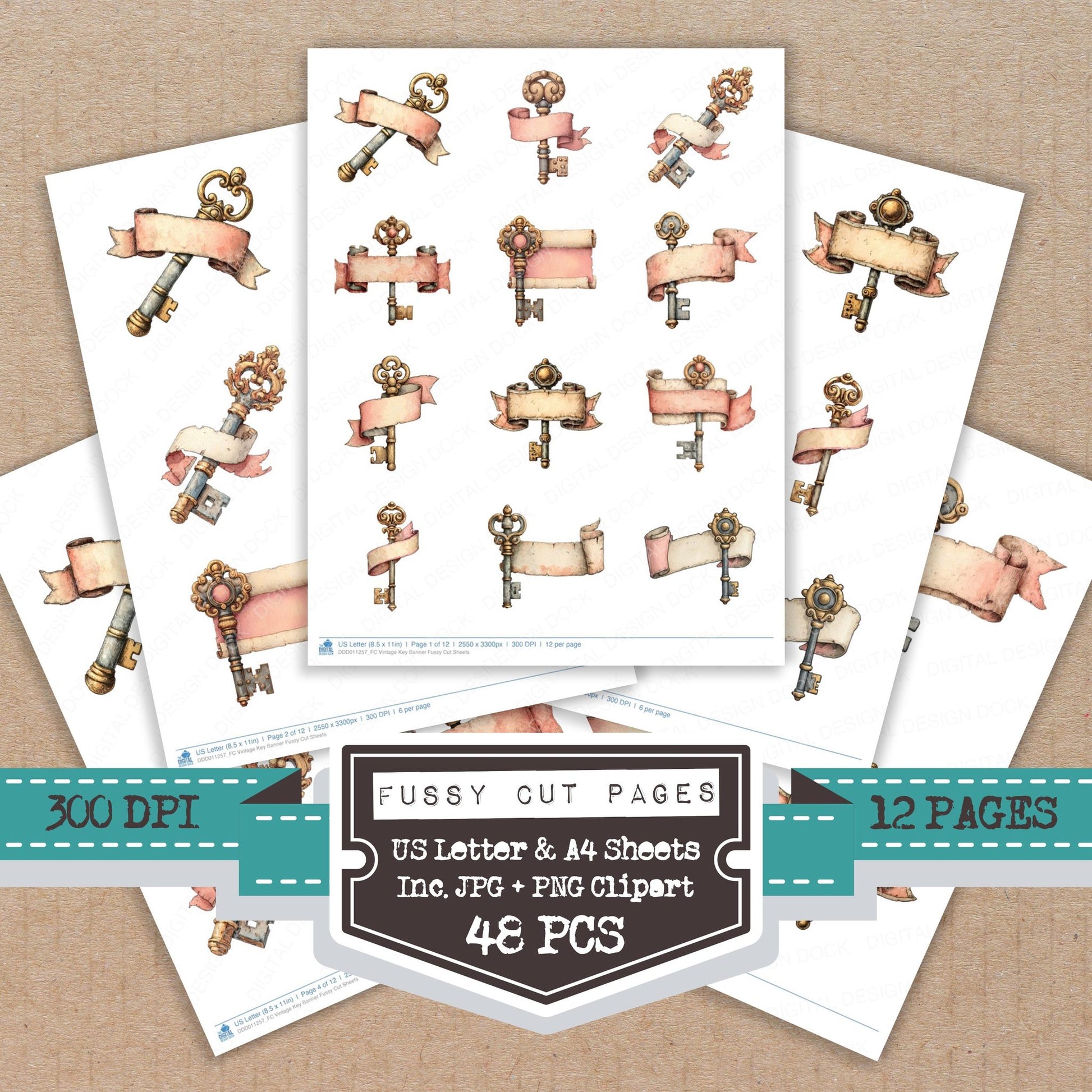 Vintage Key Banner fussy cut printable sheets for junk journaling, scrapbooking, and paper craft projects
