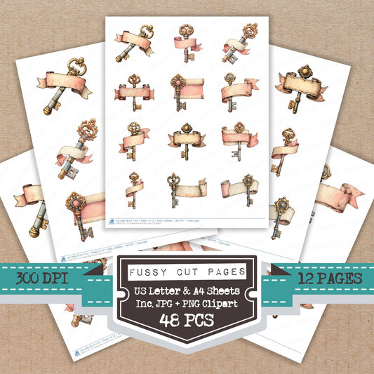 Vintage Key Banner fussy cut printable sheets for junk journaling, scrapbooking, and paper craft projects