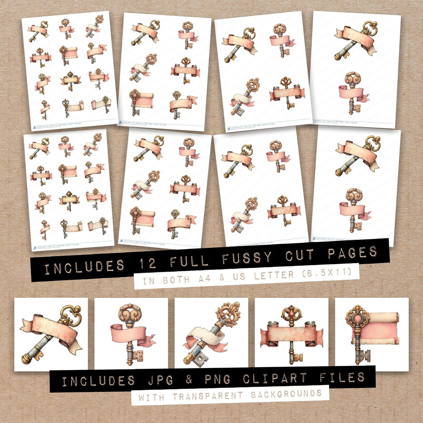 Full collection view of Vintage Key Banner fussy cut sheets with bonus clipart JPG and PNG files