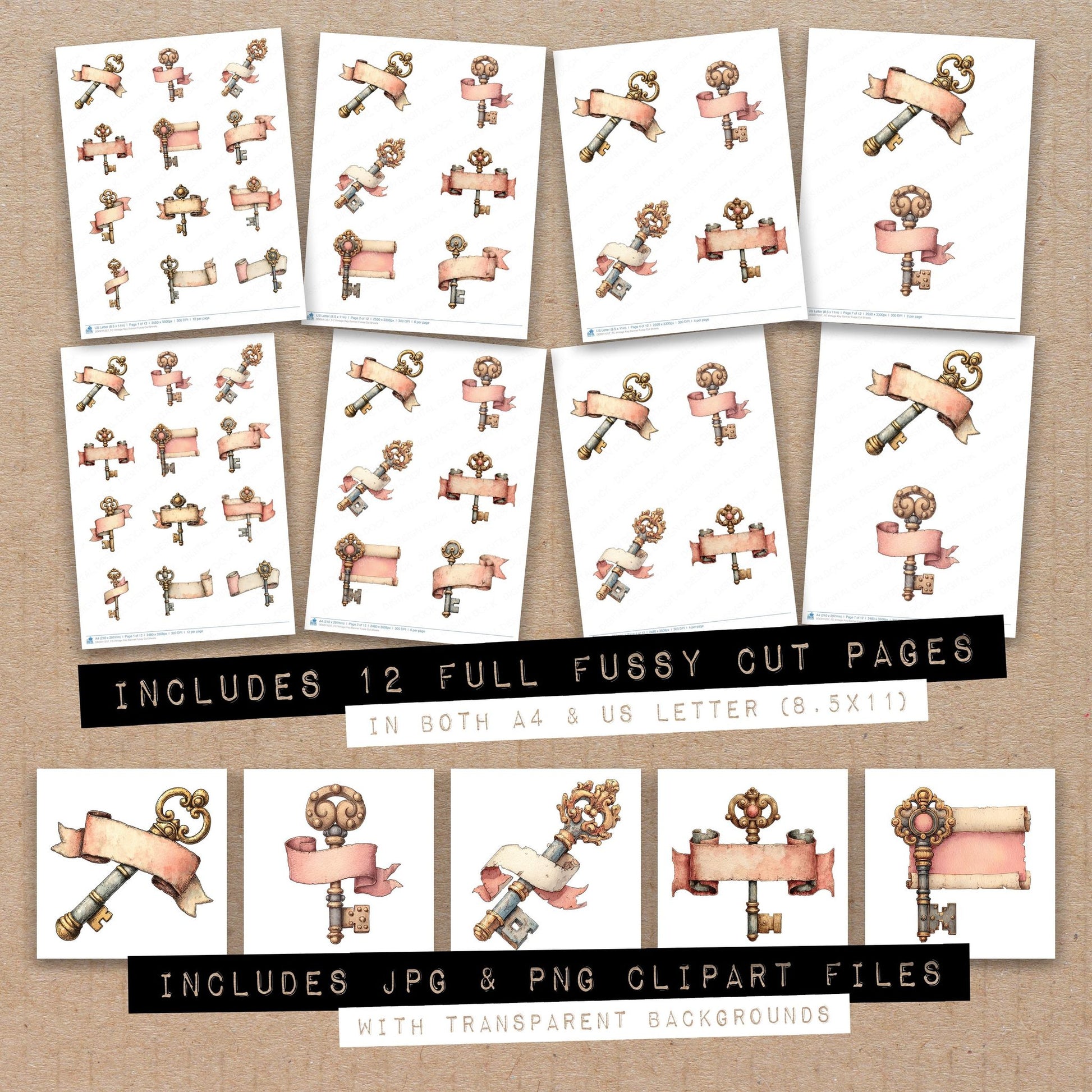 Full collection view of Vintage Key Banner fussy cut sheets with bonus clipart JPG and PNG files