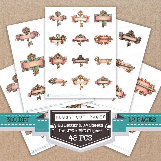 Vintage Key Scroll Banner fussy cut printable sheets for junk journaling, scrapbooking, and paper craft projects
