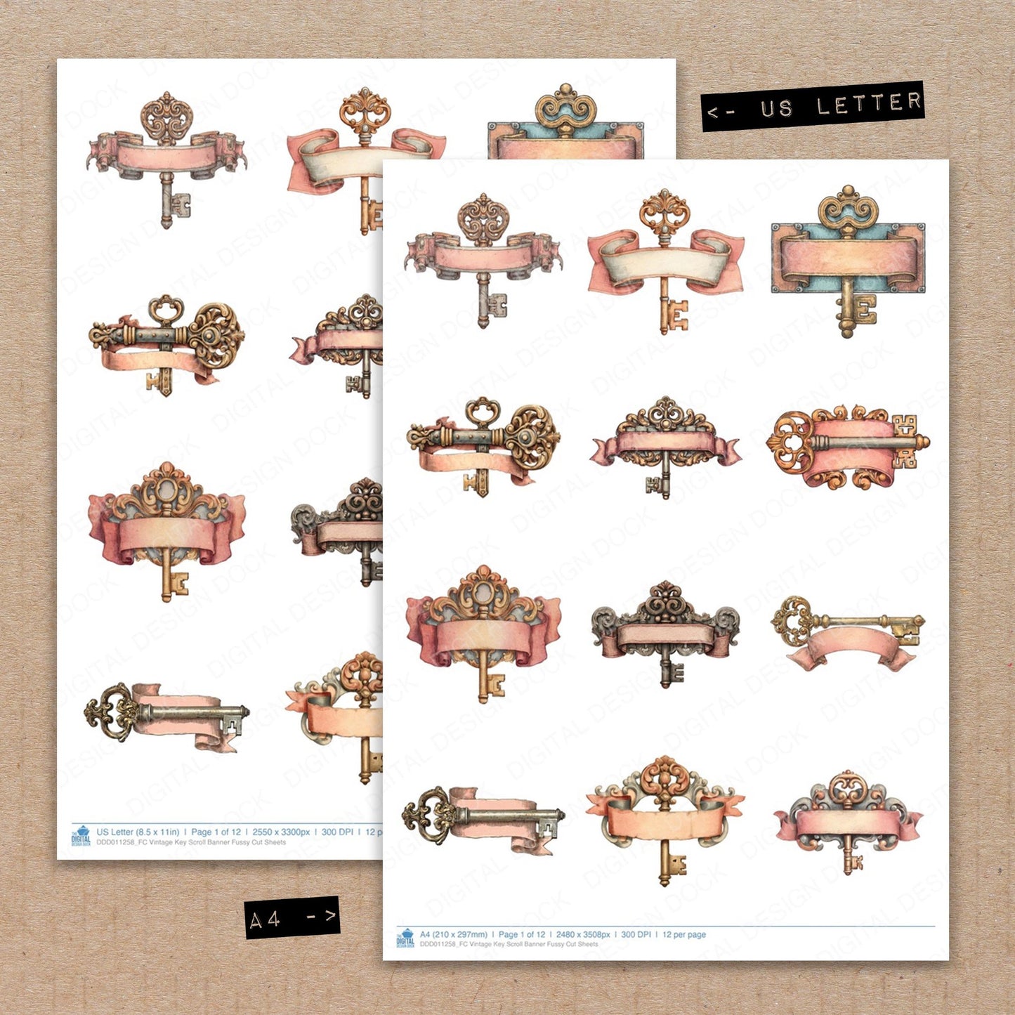 A4 and US Letter format comparison showing Vintage Key Scroll Banner fussy cut pages for print and cut crafting