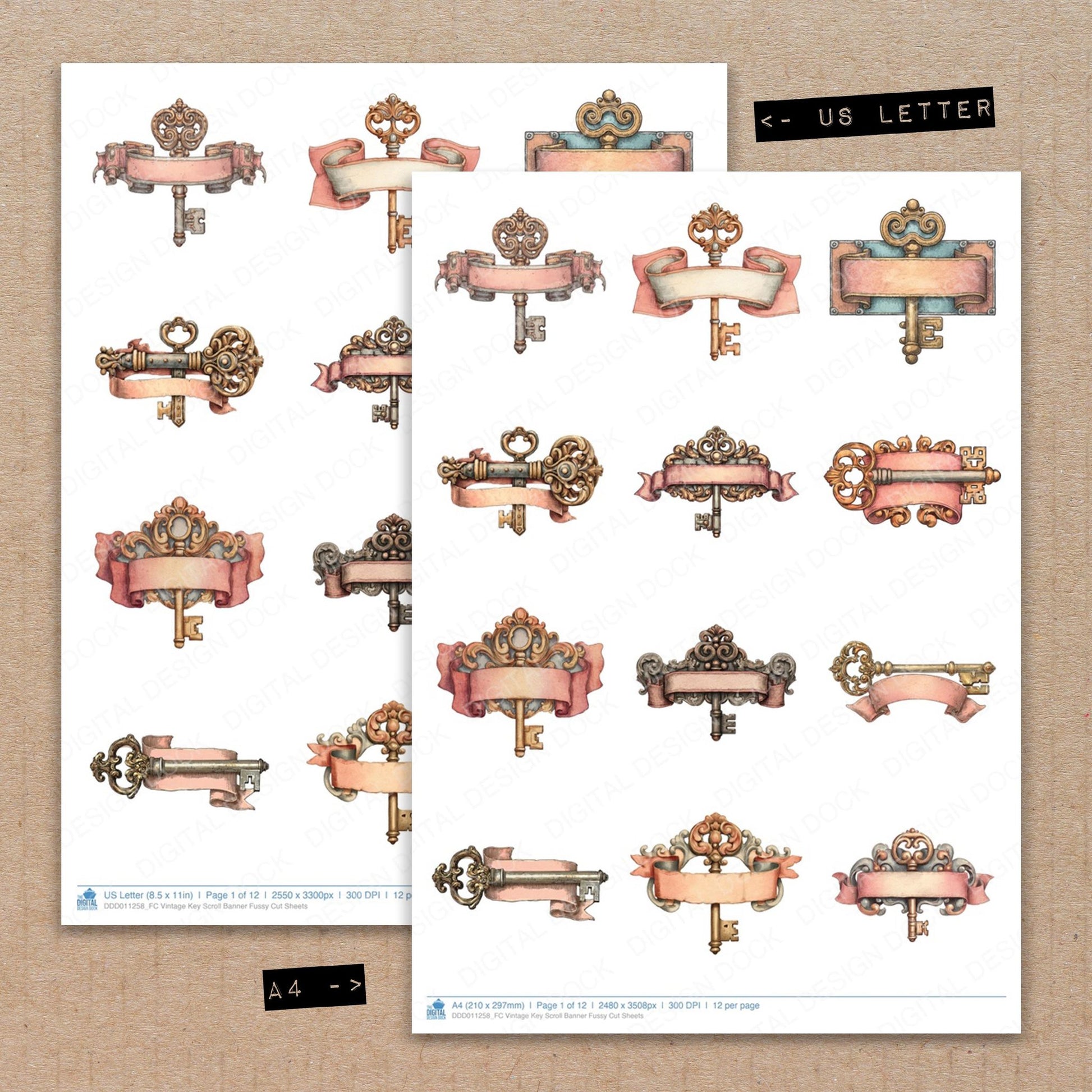 A4 and US Letter format comparison showing Vintage Key Scroll Banner fussy cut pages for print and cut crafting