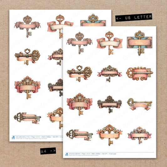 A4 and US Letter format comparison showing Vintage Key Scroll Banner fussy cut pages for print and cut crafting